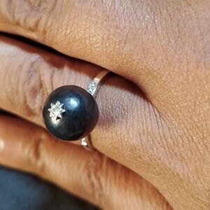 Elite Shungite Zircon Pearl Ring Rhodium over Sterling Silver